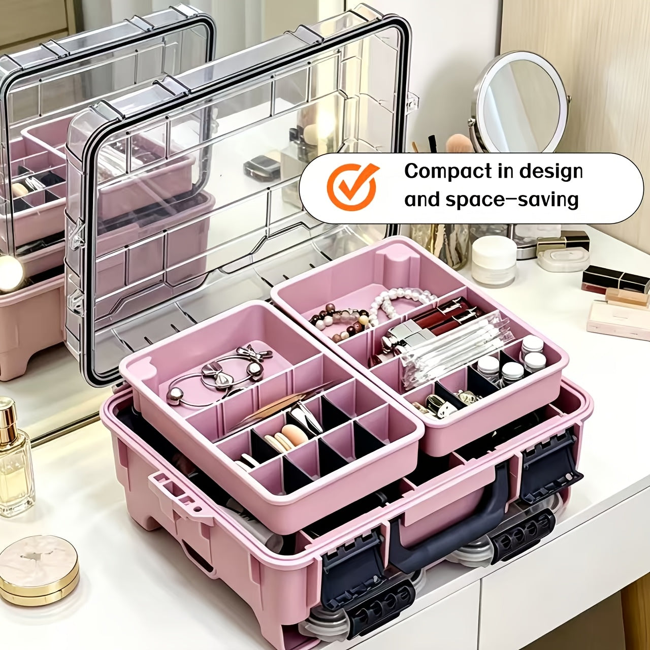 A Portable Multi-layered Cosmetic Organizer In Powder, Blue, And Gray With Separable Compartments-ideal For Home Vanity Stations Or Skincare Collection. This Smart Beauty Storage Solution Features Transparent Lids That Keep Contents Dust-free