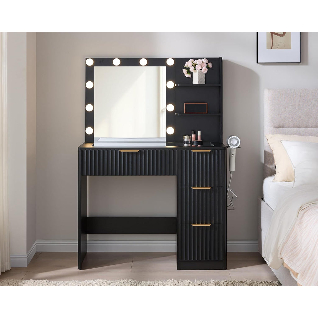 Fluted Vanity Desk with Mirror and Adjustable LED Lights, Large Drawers Makeup Table with Glass Top and Charging Station
