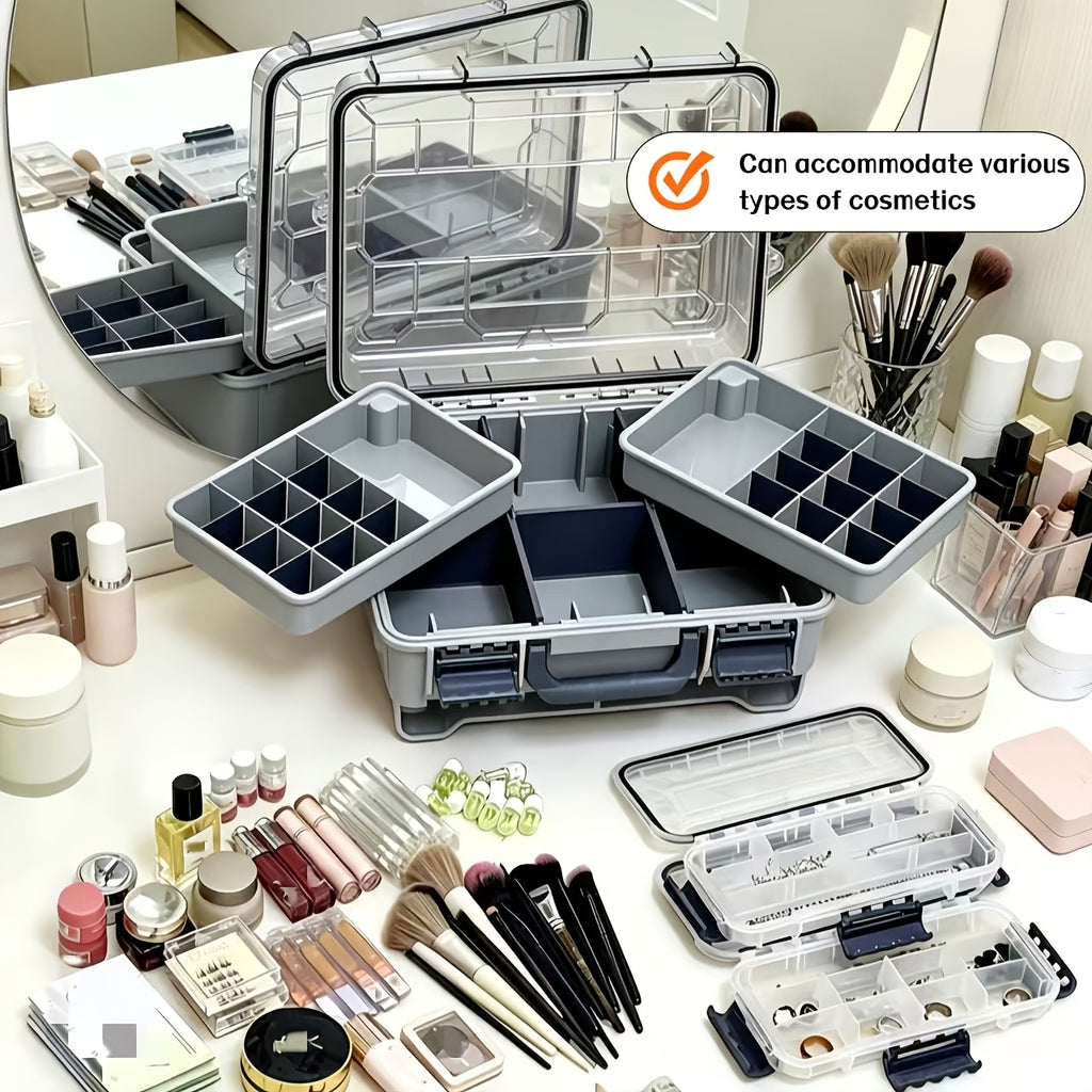 A Portable Multi-layered Cosmetic Organizer In Powder, Blue, And Gray With Separable Compartments-ideal For Home Vanity Stations Or Skincare Collection. This Smart Beauty Storage Solution Features Transparent Lids That Keep Contents Dust-free