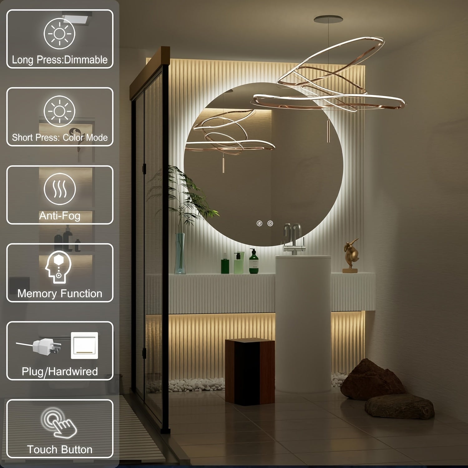 Round Backlit Bathroom Mirror With Lights, Wall-Mounted Vanity Mirrors, Circle LED Mirror For Bathroom, Anit-Fog, Stepless Dimmable, 3 Color Changing, Memory, Shatter-Proof