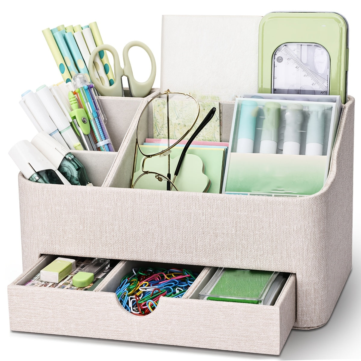 LADSTAG Modern Beige PU Leather Desk Organizer with Drawers & Open Storage Box - Plastic Suitable for Home Office, Compact Standalone with Drawers, Space-Saving Shelf for Stationery, Supplies, Accessories for Small Spaces, Desk & Drawer Organizer