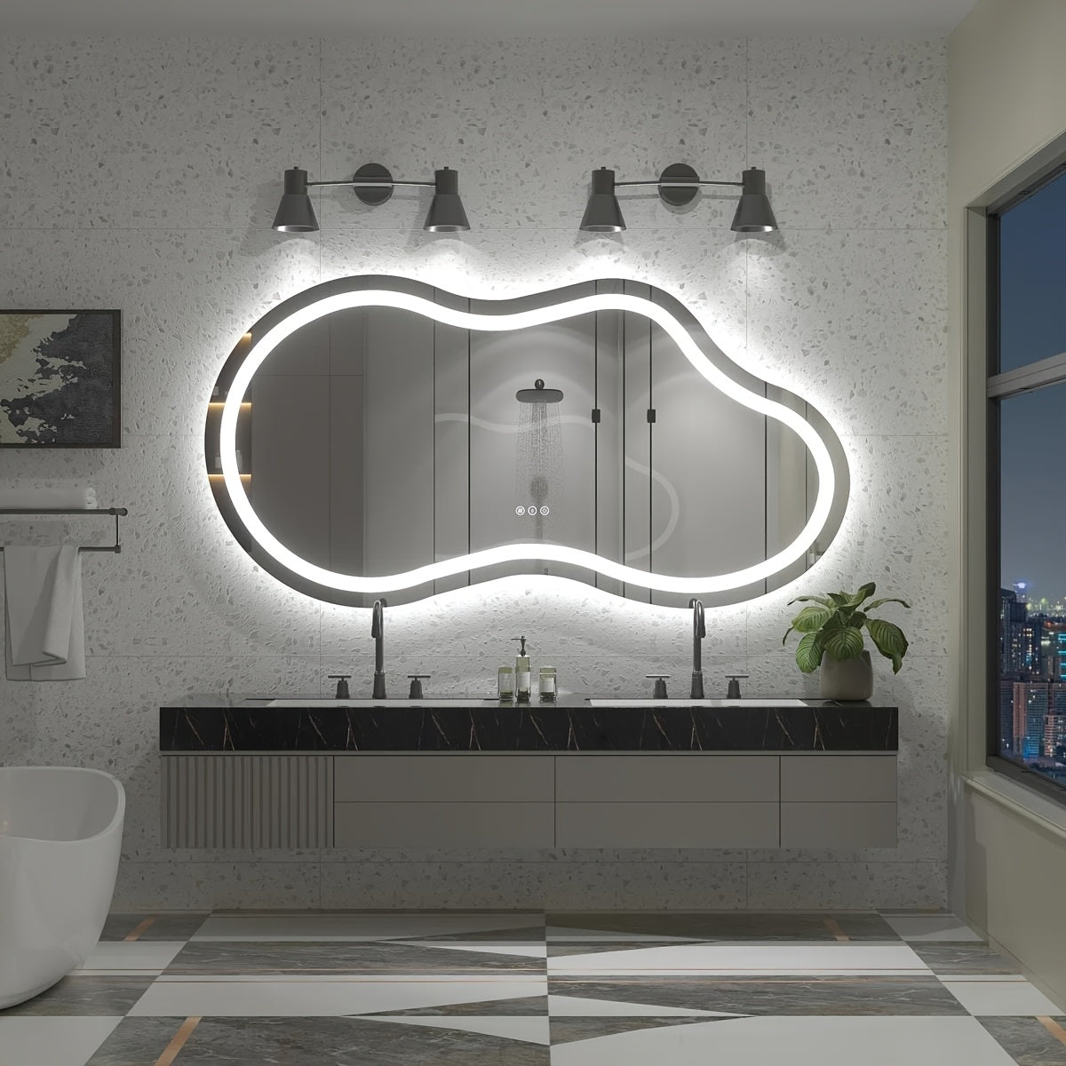 Irregular LED Bathroom Mirror, Cloud Shape Lighted Wall Vanity Mirror, Dimmable, Memory, Vertical\u002FHorizontal