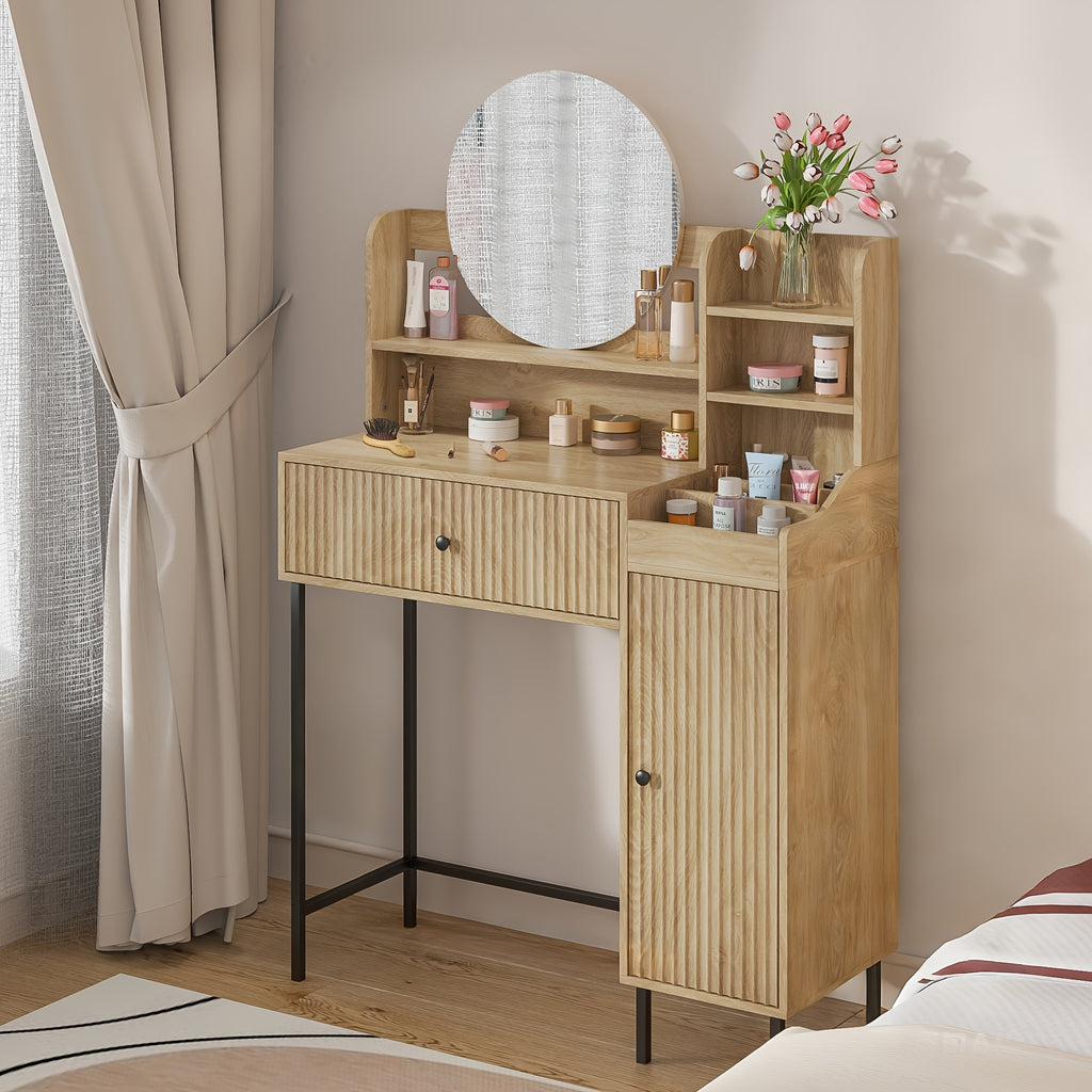 Boho Bohemian Fluted Vanity Desk with Mirror & Storage Drawer - Mirror Suitable for Dressing Table, Makeup Station, Bedroom Furniture, Assembly Required, Wood for Room Decor