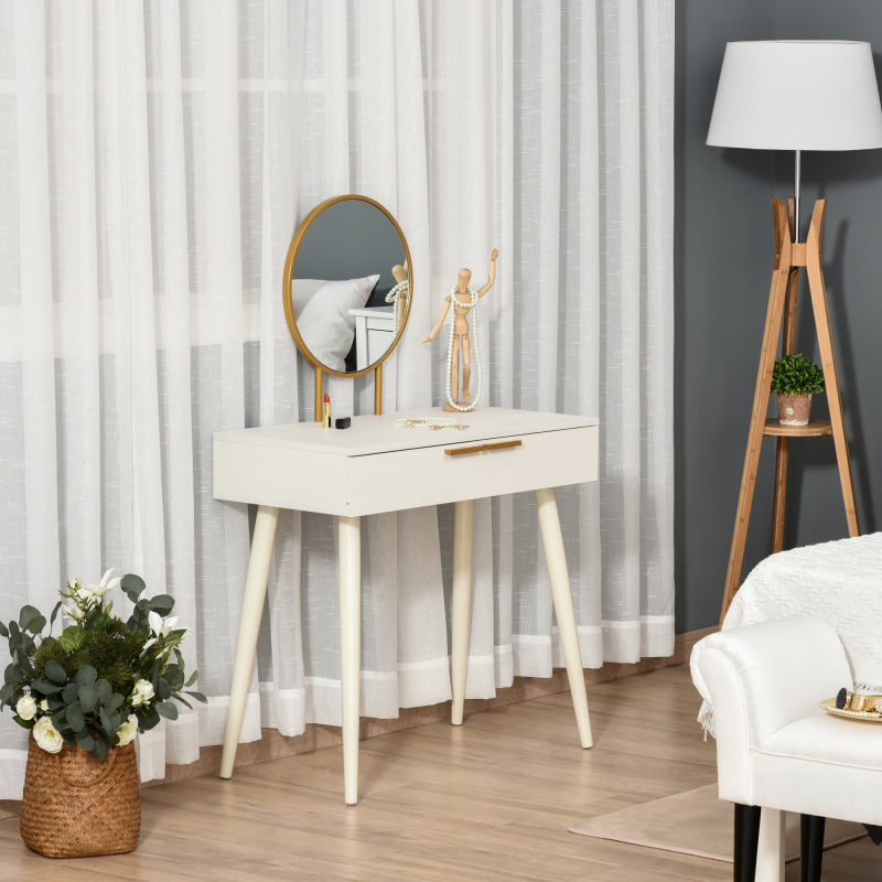 HOMCOM Elegant Vintage Dressing Table with Round Mirror & 2 Drawers - White Vanity Desk with Angled Legs & -Slip Pads, Space-Saving for small rooms, Dresser Top for Decor\u002FMakeup Station (Assembly Required)