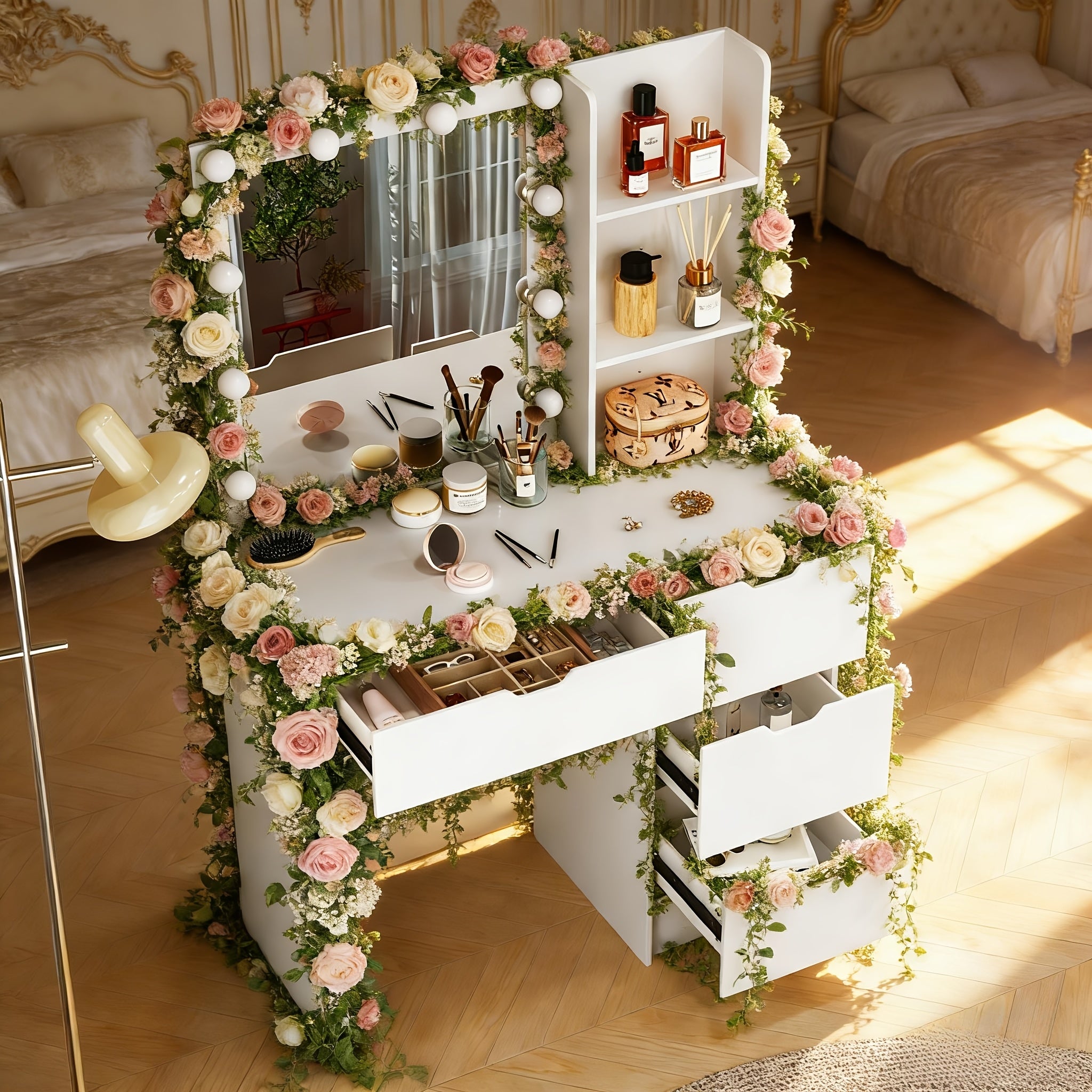 Vanity Desk W\u002F LED Lighted Mirror Makeup Vanity Set with 3 Color Light 4 Drawers