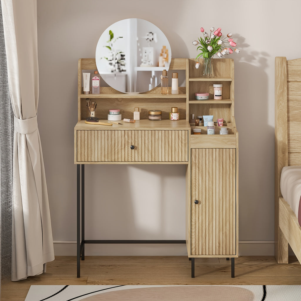 Boho Bohemian Fluted Vanity Desk with Mirror & Storage Drawer - Mirror Suitable for Dressing Table, Makeup Station, Bedroom Furniture, Assembly Required, Wood for Room Decor