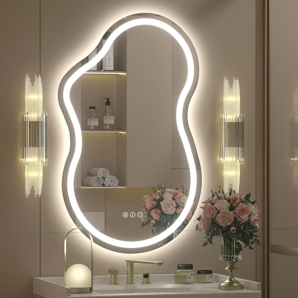 Irregular LED Bathroom Mirror, Cloud Shape Lighted Wall Vanity Mirror, Dimmable, Memory, Vertical\u002FHorizontal