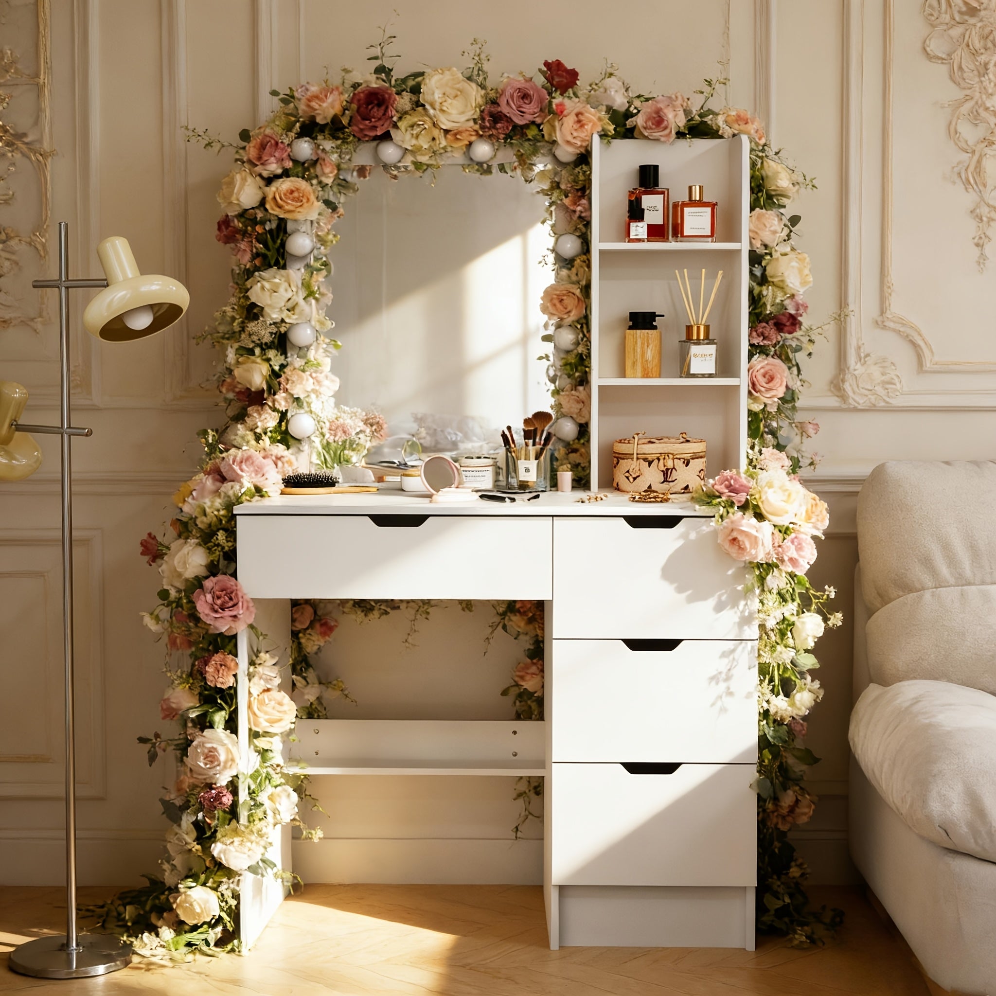 Vanity Desk W\u002F LED Lighted Mirror Makeup Vanity Set with 3 Color Light 4 Drawers