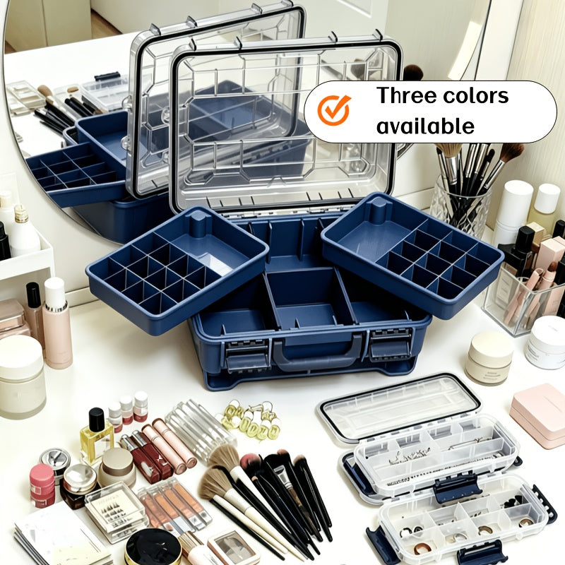 A Portable Multi-layered Cosmetic Organizer In Powder, Blue, And Gray With Separable Compartments-ideal For Home Vanity Stations Or Skincare Collection. This Smart Beauty Storage Solution Features Transparent Lids That Keep Contents Dust-free