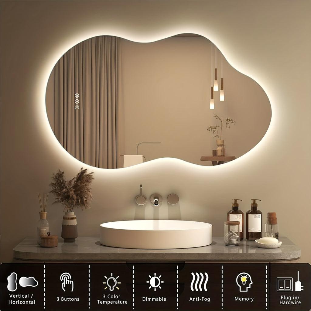 Irregular Backlit Bathroom Mirror With Lights 40 X 24, Asymmetrical Cloud Led Lighted Vanity Mirror For Wall, Dimmable, Memory Function (Horizontal\u002FVertical)