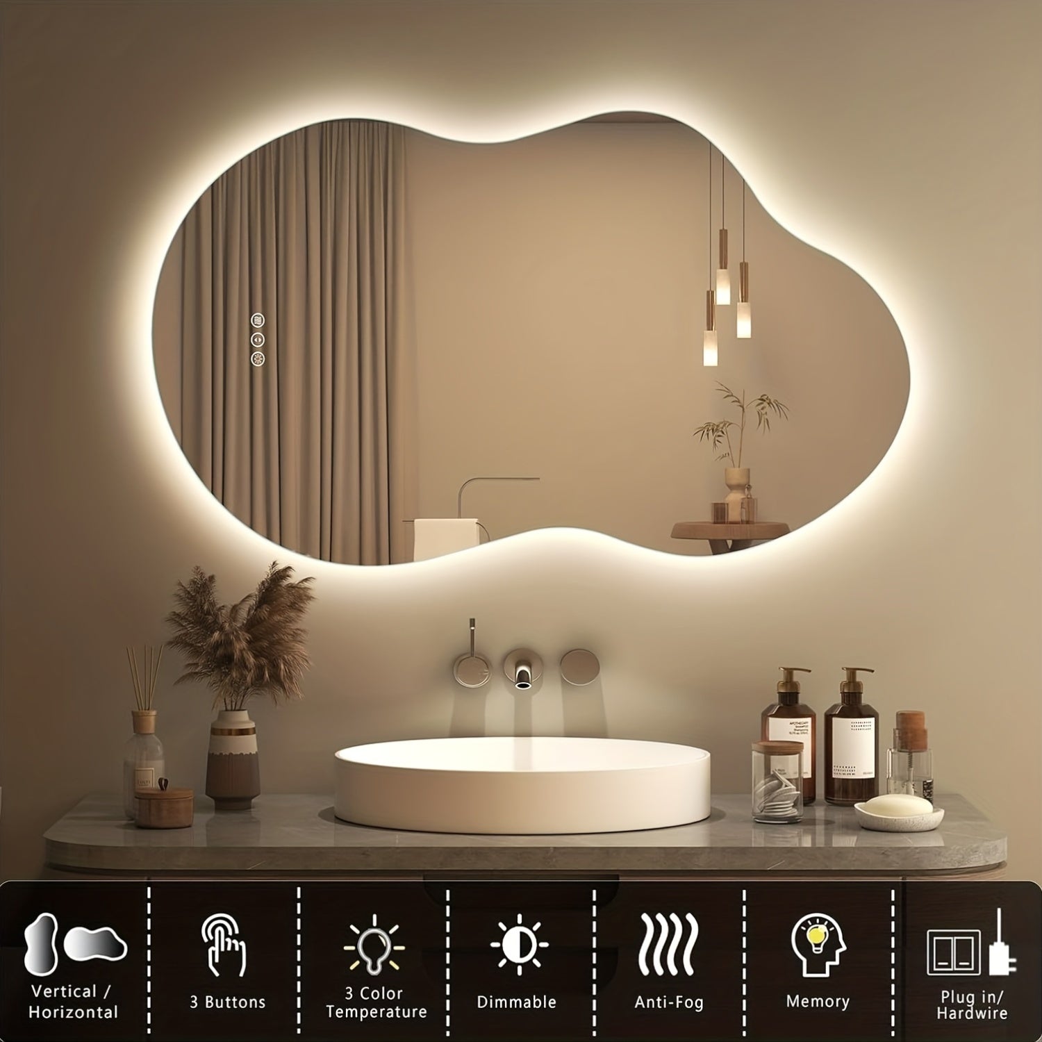 Irregular Backlit Bathroom Mirror With Lights 40 X 24, Asymmetrical Cloud Led Lighted Vanity Mirror For Wall, Dimmable, Memory Function (Horizontal\u002FVertical)