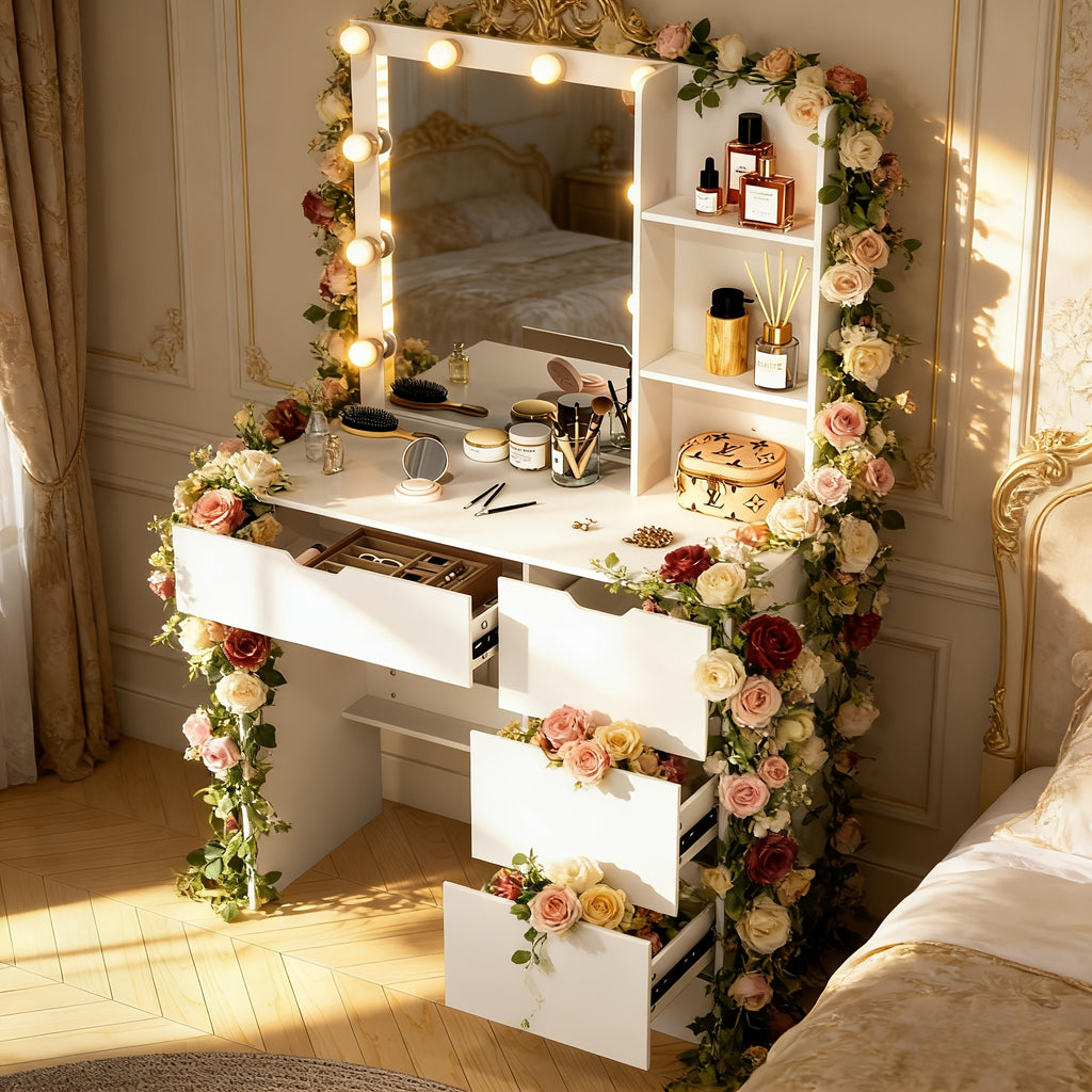 Vanity Desk W\u002F LED Lighted Mirror Makeup Vanity Set with 3 Color Light 4 Drawers