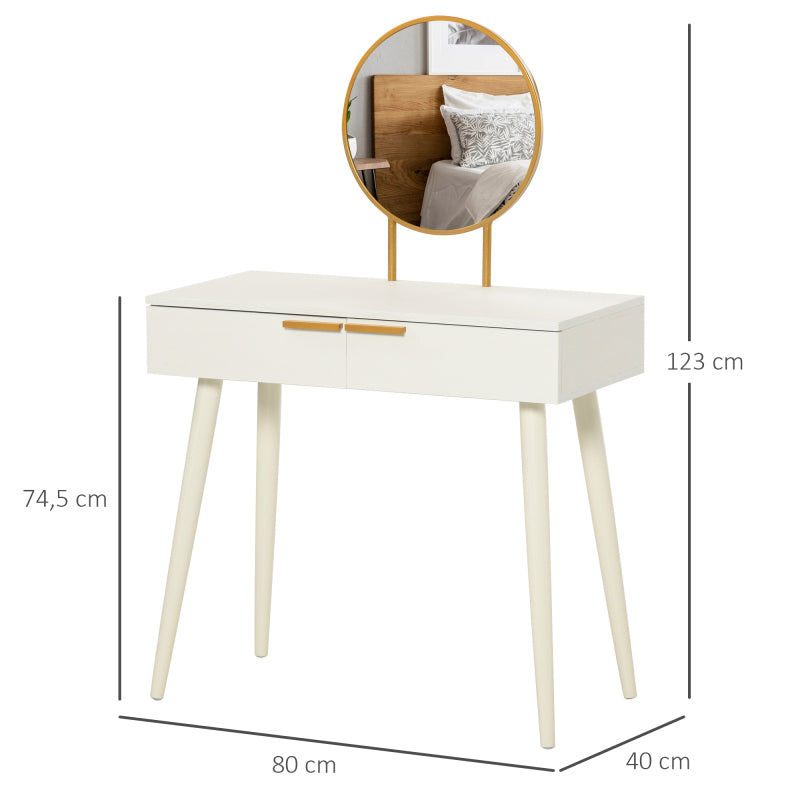 HOMCOM Elegant Vintage Dressing Table with Round Mirror & 2 Drawers - White Vanity Desk with Angled Legs & -Slip Pads, Space-Saving for small rooms, Dresser Top for Decor\u002FMakeup Station (Assembly Required)