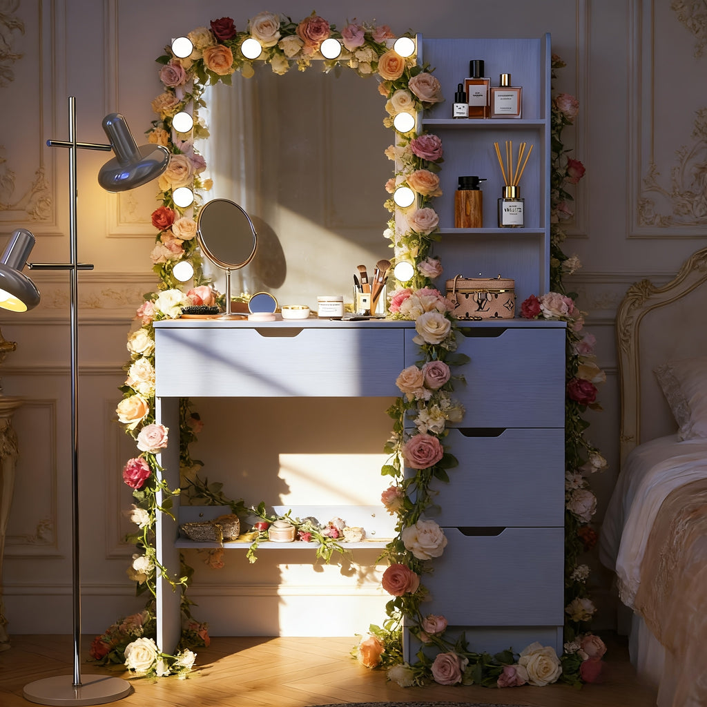 Vanity Desk W\u002F LED Lighted Mirror Makeup Vanity Set with 3 Color Light 4 Drawers