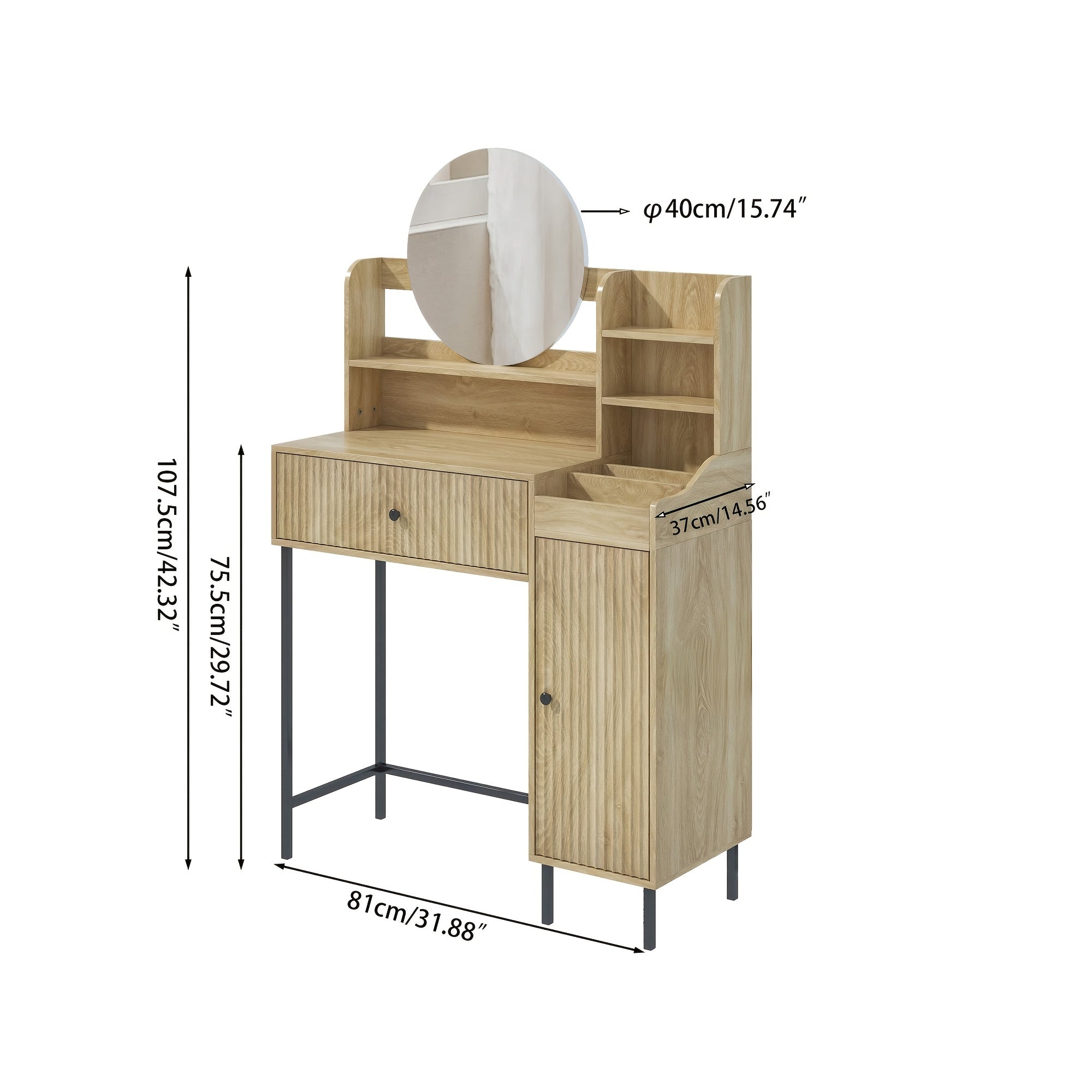 Boho Bohemian Fluted Vanity Desk with Mirror & Storage Drawer - Mirror Suitable for Dressing Table, Makeup Station, Bedroom Furniture, Assembly Required, Wood for Room Decor