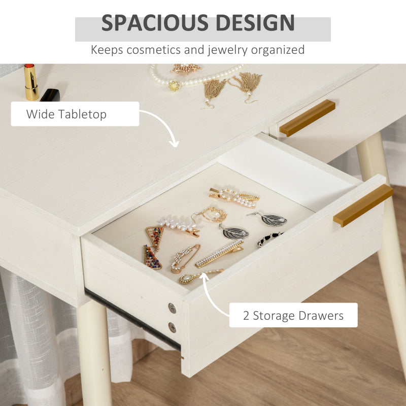 HOMCOM Elegant Vintage Dressing Table with Round Mirror & 2 Drawers - White Vanity Desk with Angled Legs & -Slip Pads, Space-Saving for small rooms, Dresser Top for Decor\u002FMakeup Station (Assembly Required)