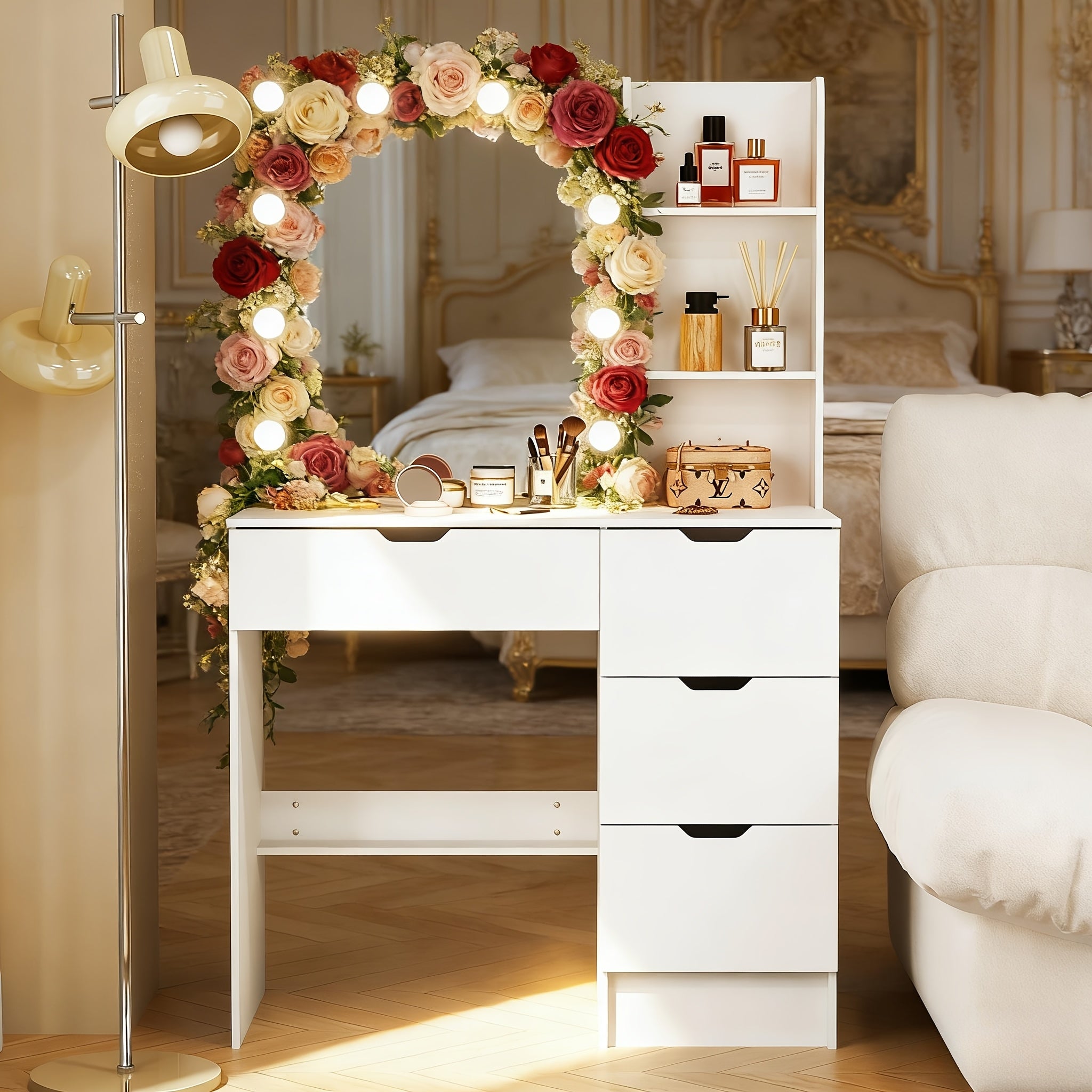 Vanity Desk W\u002F LED Lighted Mirror Makeup Vanity Set with 3 Color Light 4 Drawers