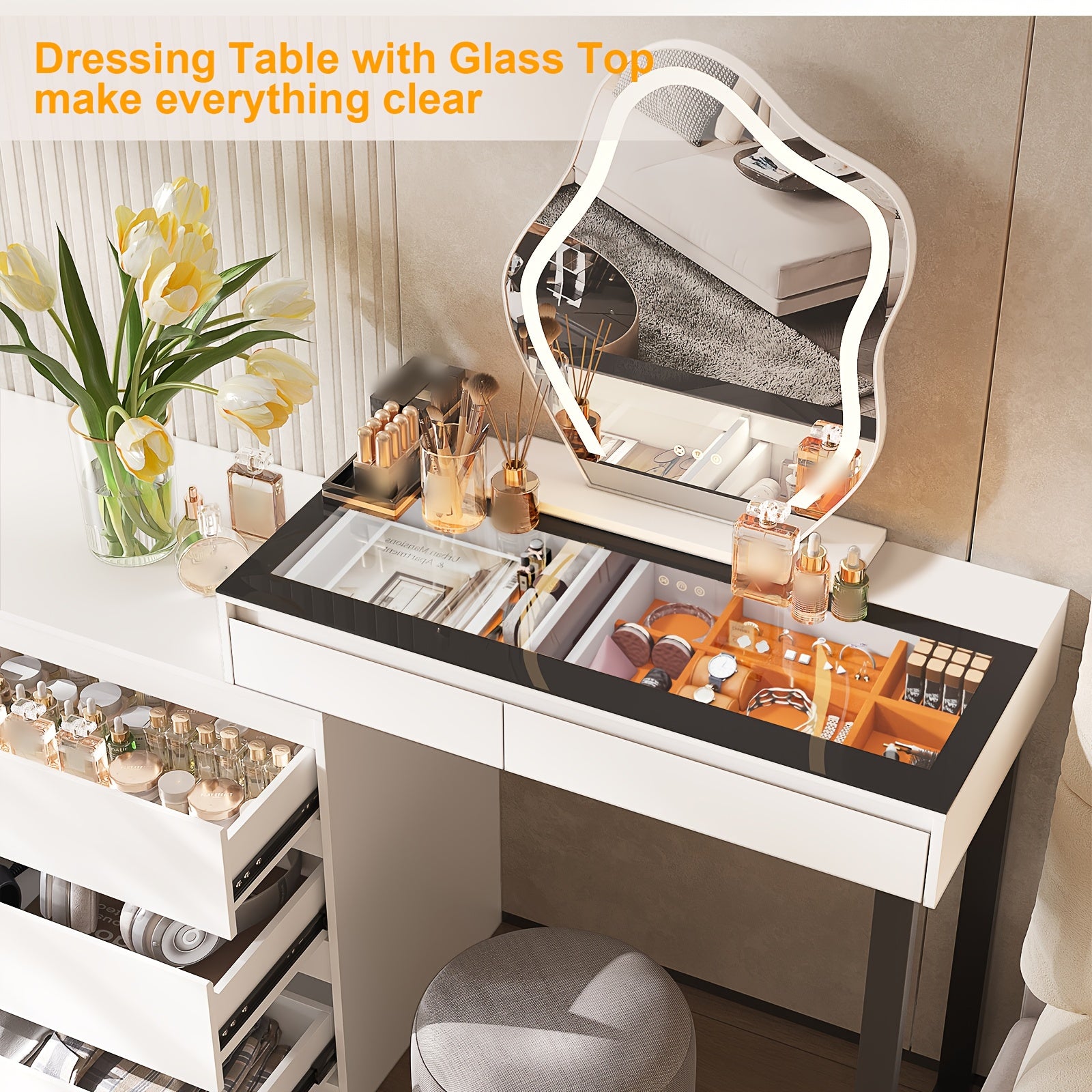 Modern Corner Dressing Table with Mirror And LED Three-color Adjustable Light, Corner Dressing Table Makeup Storage, Glass Top Dressing Table, Modern Dressing Table with 5 Drawers And Dressing Table, 3 Color Lighting Modes, White(No Charging Station)