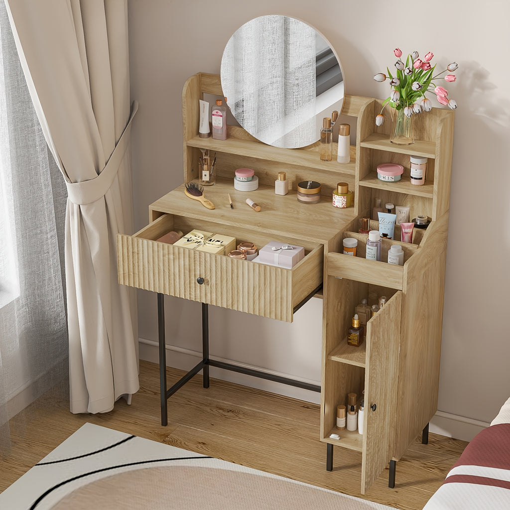 Boho Bohemian Fluted Vanity Desk with Mirror & Storage Drawer - Mirror Suitable for Dressing Table, Makeup Station, Bedroom Furniture, Assembly Required, Wood for Room Decor