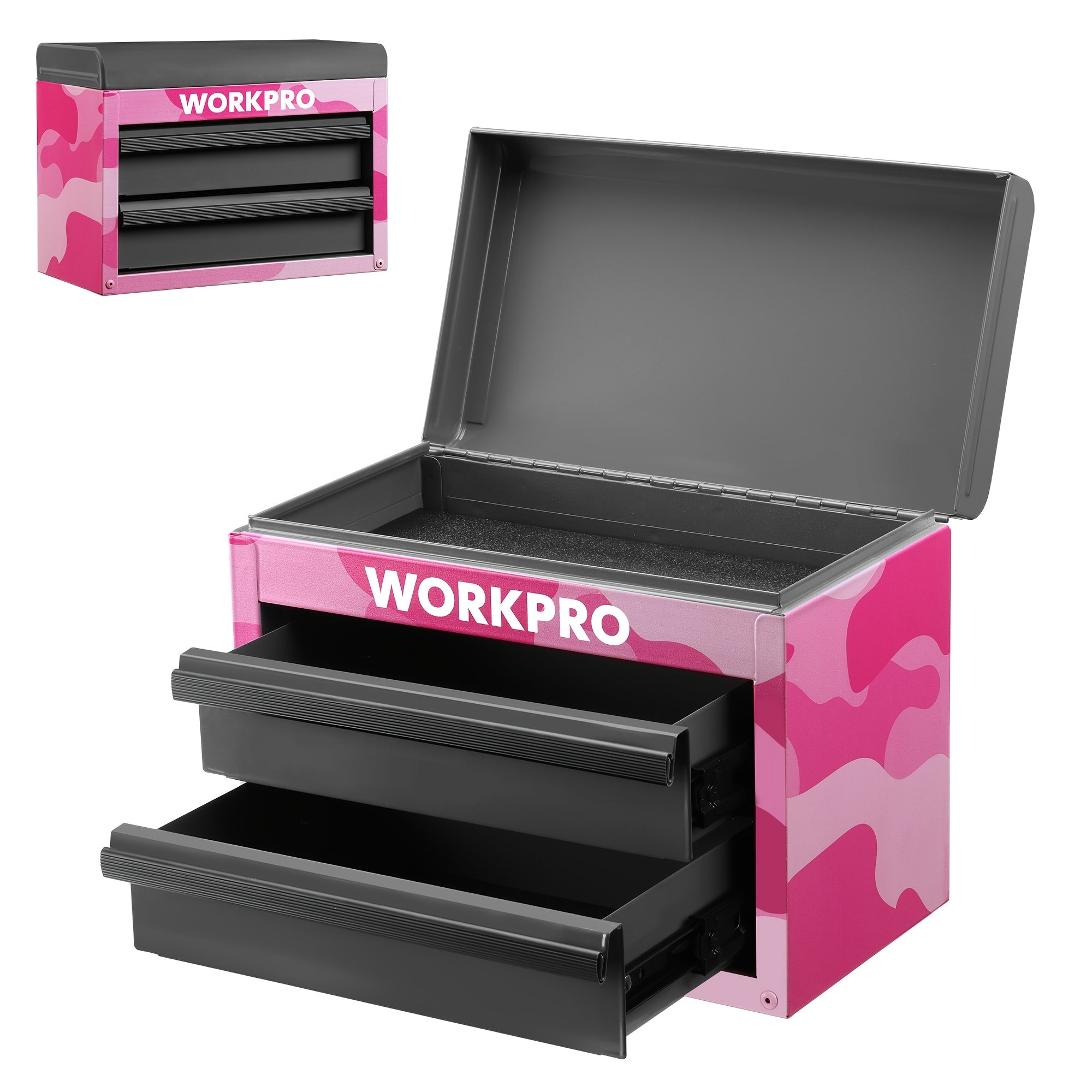 WORKPRO Metal Mini Tool Box, Top Tool Chest Containing Two Drawers with Ball Bearing Slides, PVC Drawer Liners And PP Feet Pads, Durable Cold Rolled Steel Small Toolbox for Multi-Purpose Storage