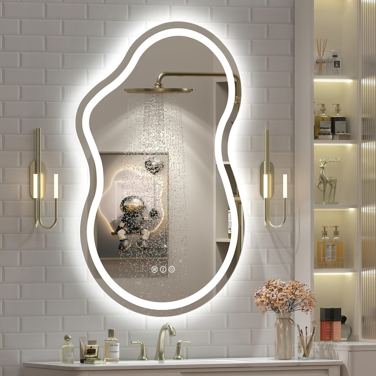 Irregular LED Bathroom Mirror, Cloud Shape Lighted Wall Vanity Mirror, Dimmable, Memory, Vertical\u002FHorizontal