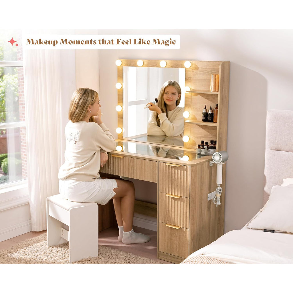 Fluted Vanity Desk with Mirror and Adjustable LED Lights, Large Drawers Makeup Table with Glass Top and Charging Station