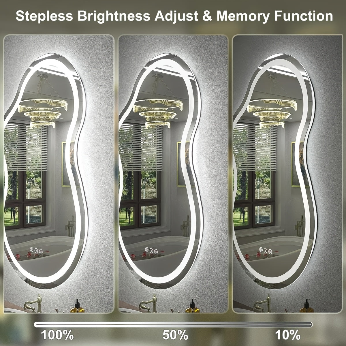 Irregular LED Bathroom Mirror, Cloud Shape Lighted Wall Vanity Mirror, Dimmable, Memory, Vertical\u002FHorizontal