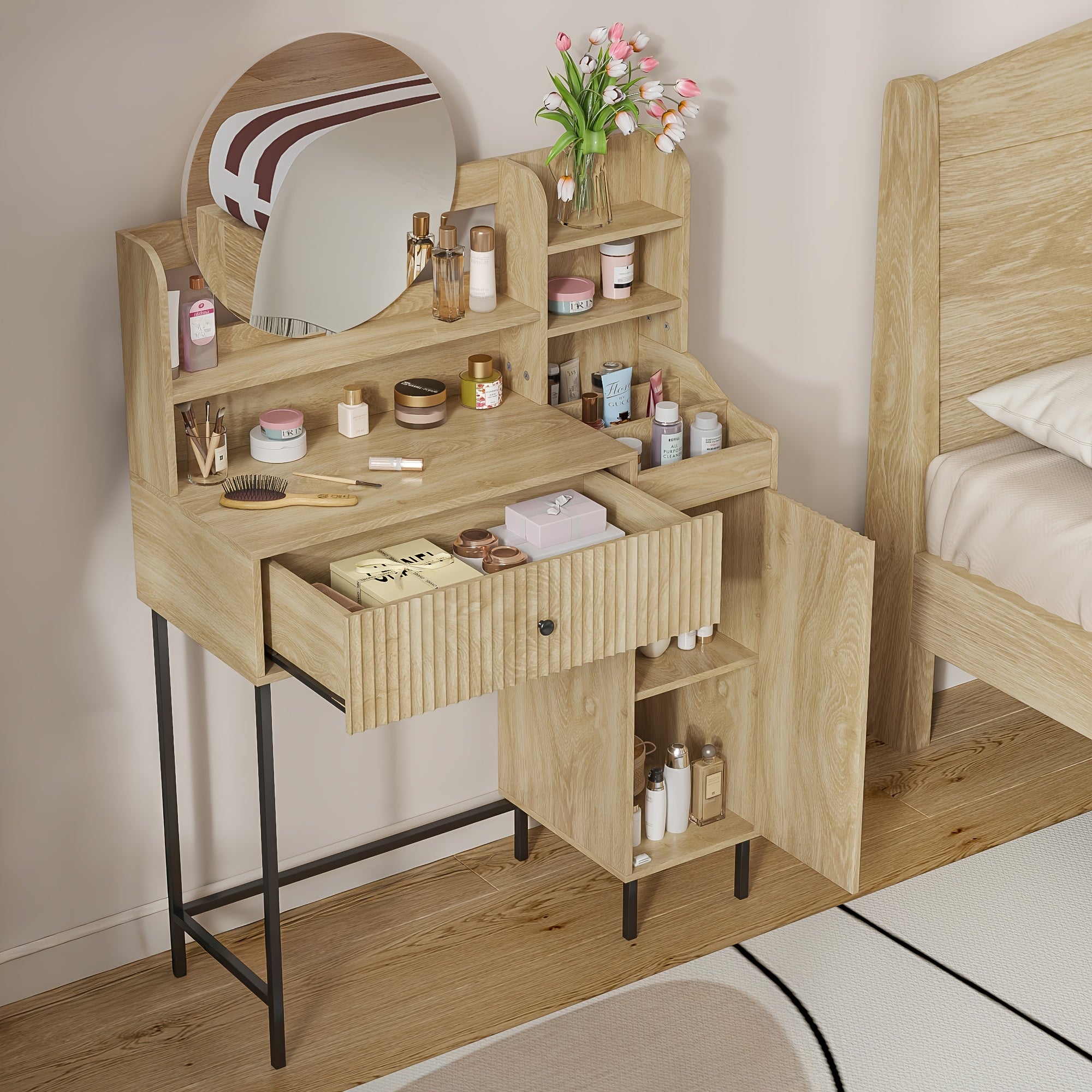 Boho Bohemian Fluted Vanity Desk with Mirror & Storage Drawer - Mirror Suitable for Dressing Table, Makeup Station, Bedroom Furniture, Assembly Required, Wood for Room Decor