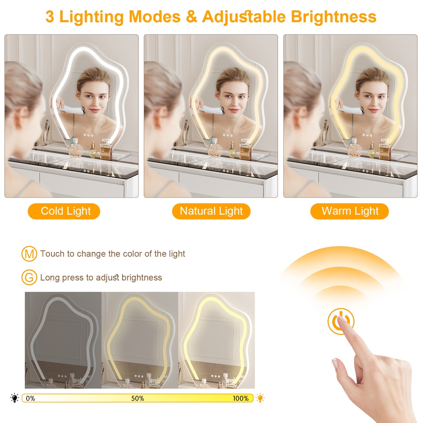 Modern Corner Dressing Table with Mirror And LED Three-color Adjustable Light, Corner Dressing Table Makeup Storage, Glass Top Dressing Table, Modern Dressing Table with 5 Drawers And Dressing Table, 3 Color Lighting Modes, White(No Charging Station)
