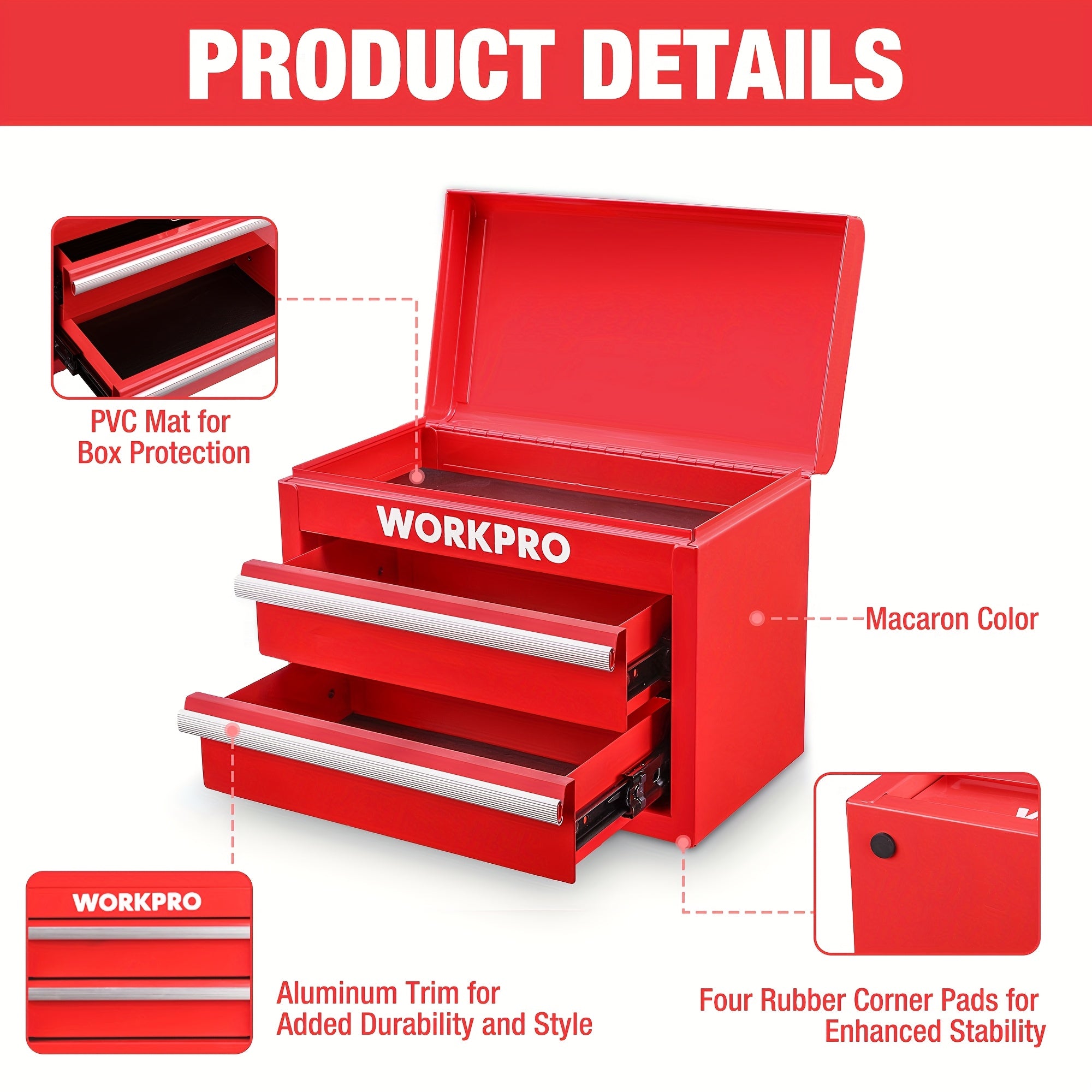 WORKPRO Metal Mini Tool Box, Top Tool Chest Containing Two Drawers with Ball Bearing Slides, PVC Drawer Liners And PP Feet Pads, Durable Cold Rolled Steel Small Toolbox for Multi-Purpose Storage