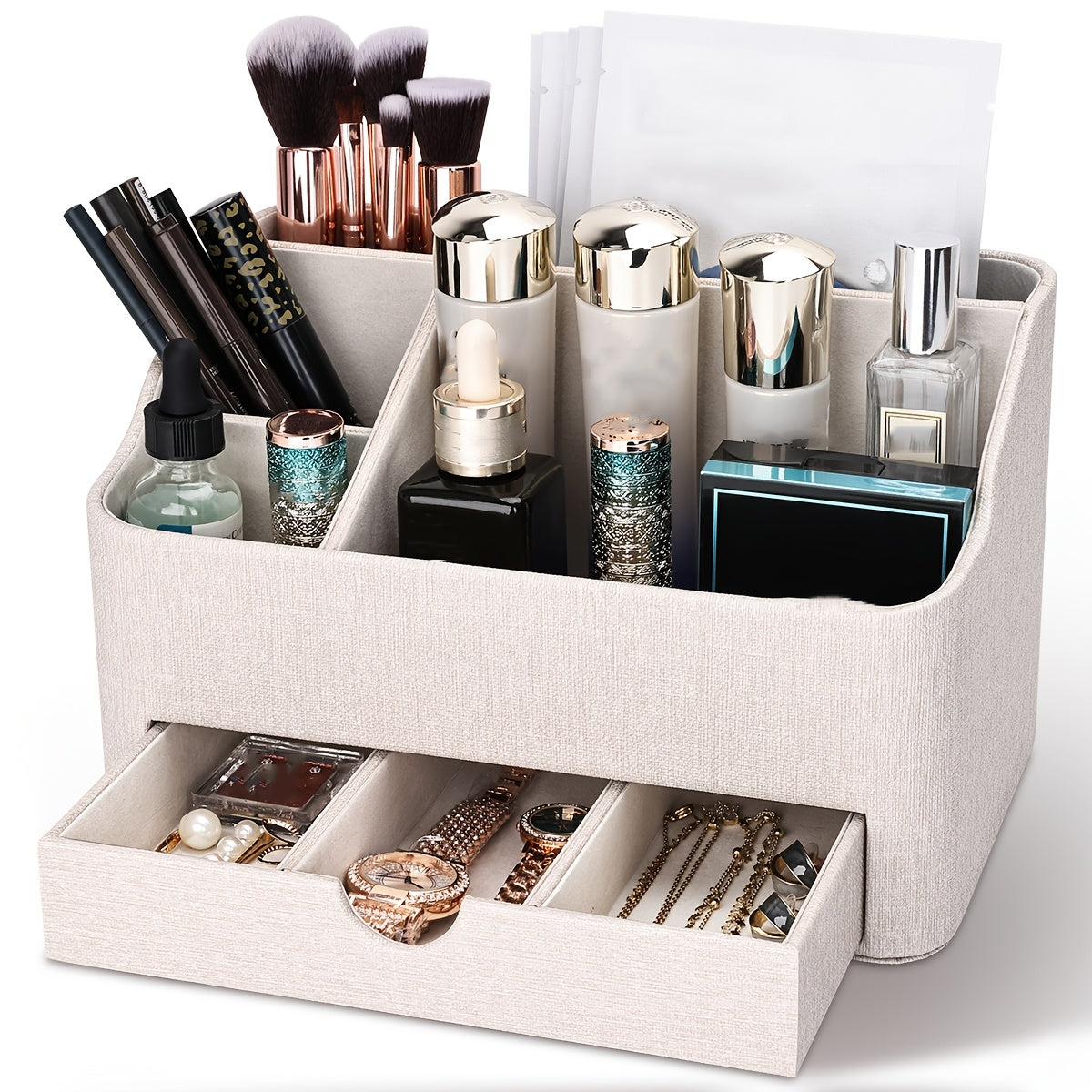 LADSTAG Modern Beige PU Leather Desk Organizer with Drawers & Open Storage Box - Plastic Suitable for Home Office, Compact Standalone with Drawers, Space-Saving Shelf for Stationery, Supplies, Accessories for Small Spaces, Desk & Drawer Organizer