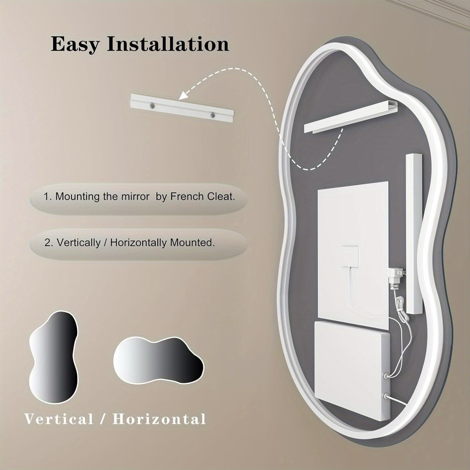Irregular Backlit Bathroom Mirror With Lights 40 X 24, Asymmetrical Cloud Led Lighted Vanity Mirror For Wall, Dimmable, Memory Function (Horizontal\u002FVertical)