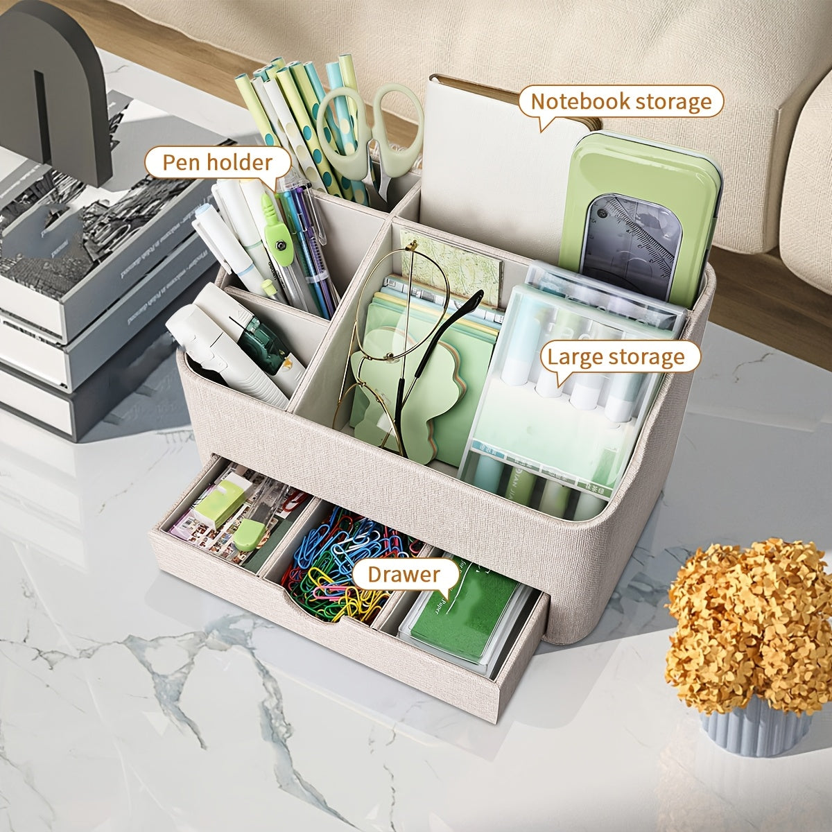 LADSTAG Modern Beige PU Leather Desk Organizer with Drawers & Open Storage Box - Plastic Suitable for Home Office, Compact Standalone with Drawers, Space-Saving Shelf for Stationery, Supplies, Accessories for Small Spaces, Desk & Drawer Organizer