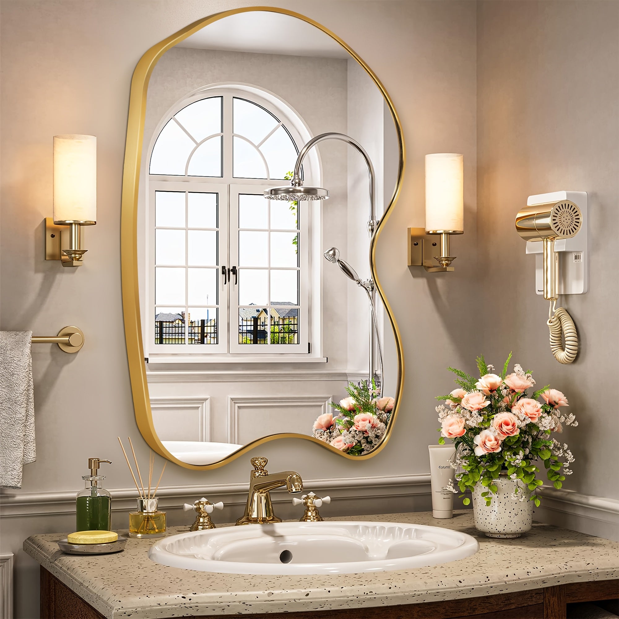 Irregular Beta Metal Wall Mounted Makeup Mirror, Modern Vanity Mirror for Bathroom Bedroom
