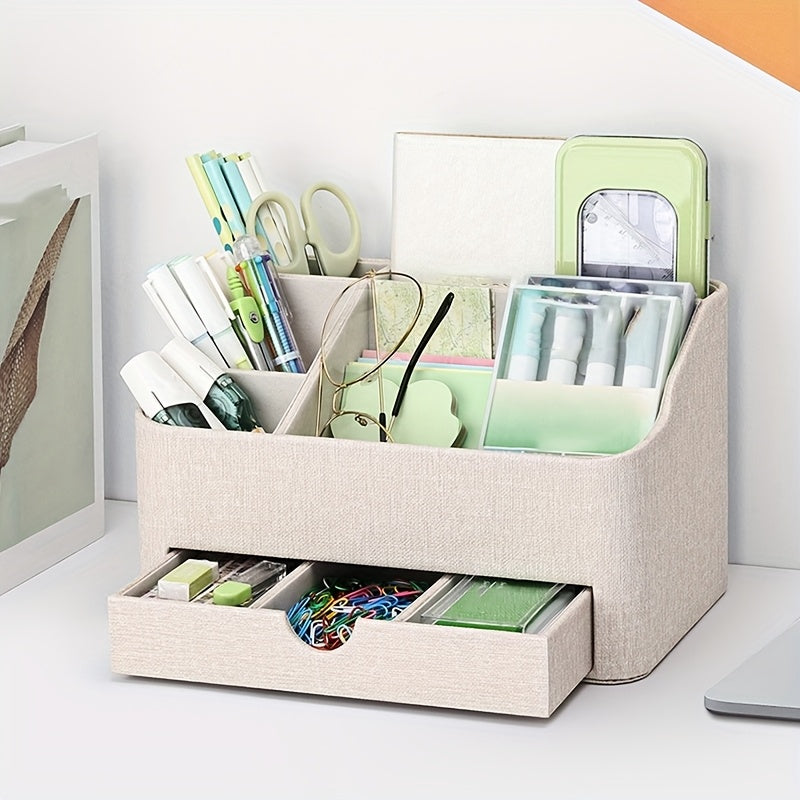 LADSTAG Modern Beige PU Leather Desk Organizer with Drawers & Open Storage Box - Plastic Suitable for Home Office, Compact Standalone with Drawers, Space-Saving Shelf for Stationery, Supplies, Accessories for Small Spaces, Desk & Drawer Organizer