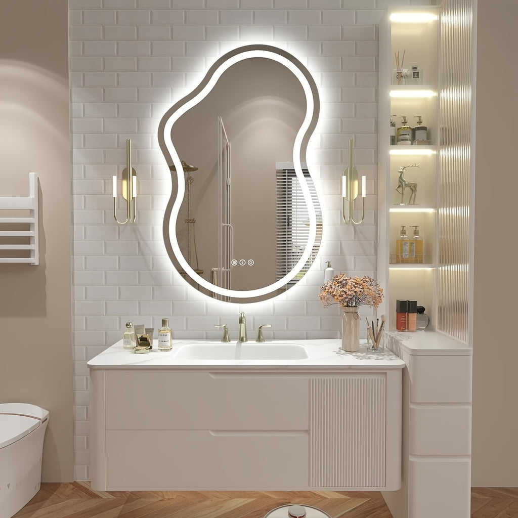 Irregular LED Bathroom Mirror, Cloud Shape Lighted Wall Vanity Mirror, Dimmable, Memory, Vertical\u002FHorizontal