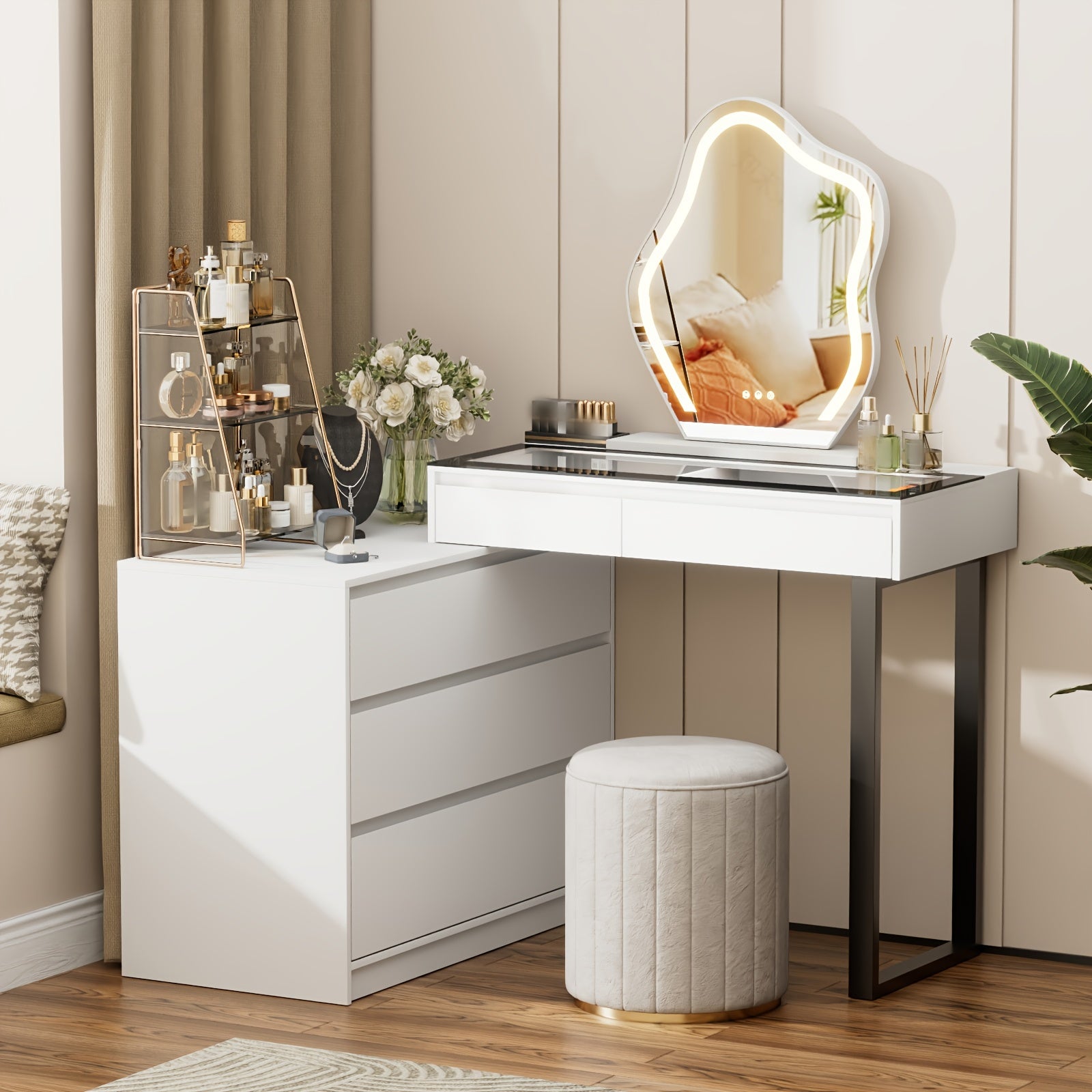 Modern Corner Dressing Table with Mirror And LED Three-color Adjustable Light, Corner Dressing Table Makeup Storage, Glass Top Dressing Table, Modern Dressing Table with 5 Drawers And Dressing Table, 3 Color Lighting Modes, White(No Charging Station)