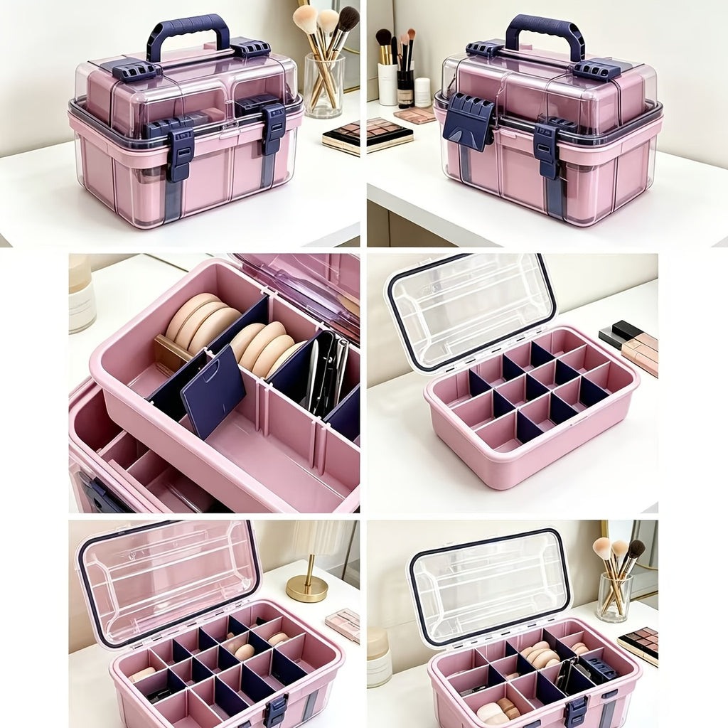 A Portable Multi-layered Cosmetic Organizer In Powder, Blue, And Gray With Separable Compartments-ideal For Home Vanity Stations Or Skincare Collection. This Smart Beauty Storage Solution Features Transparent Lids That Keep Contents Dust-free