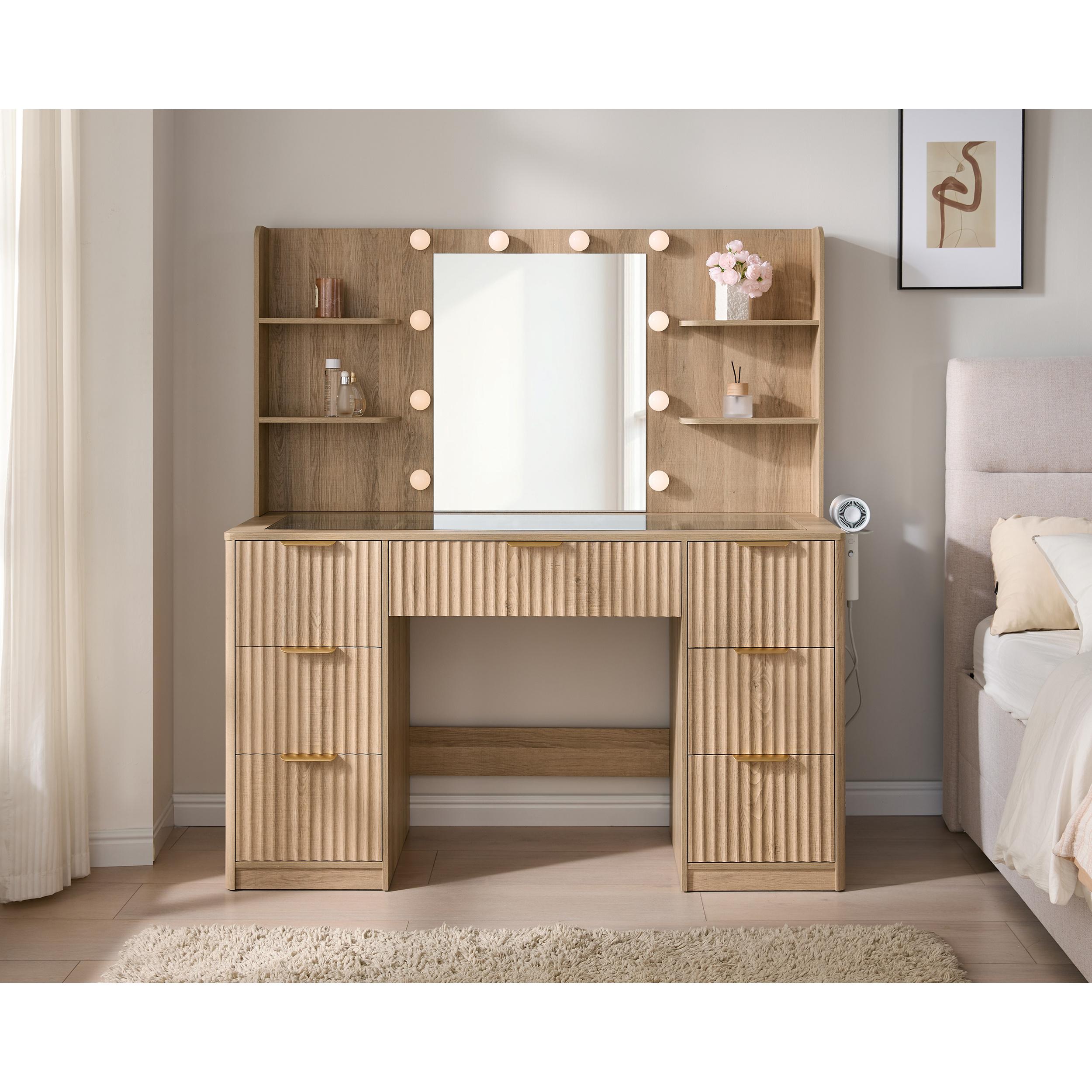 Fluted Vanity Desk with Mirror and Adjustable LED Lights, Large Drawers Makeup Table with Glass Top and Charging Station