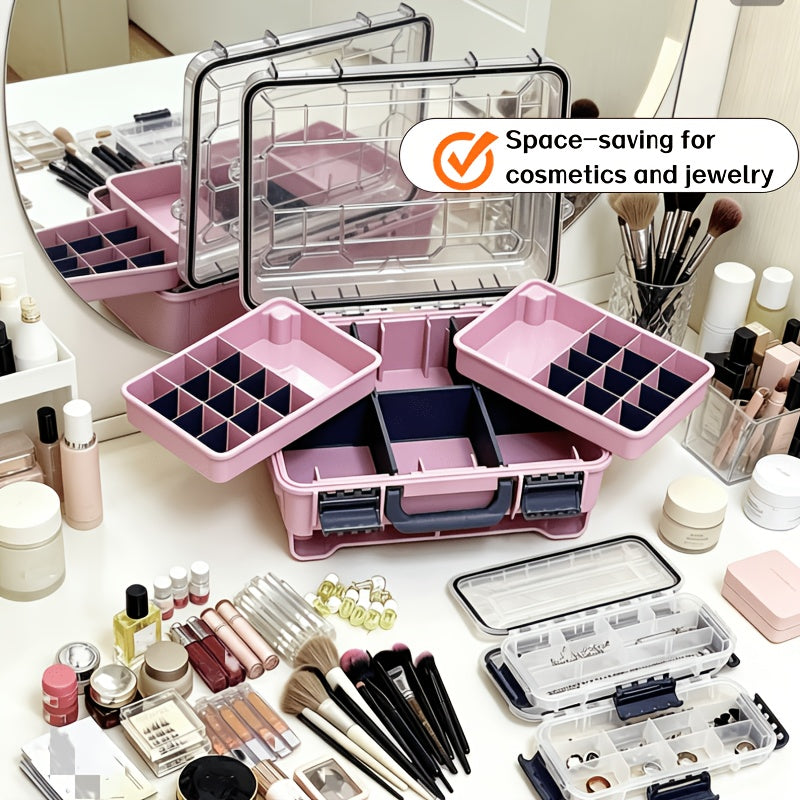 A Portable Multi-layered Cosmetic Organizer In Powder, Blue, And Gray With Separable Compartments-ideal For Home Vanity Stations Or Skincare Collection. This Smart Beauty Storage Solution Features Transparent Lids That Keep Contents Dust-free