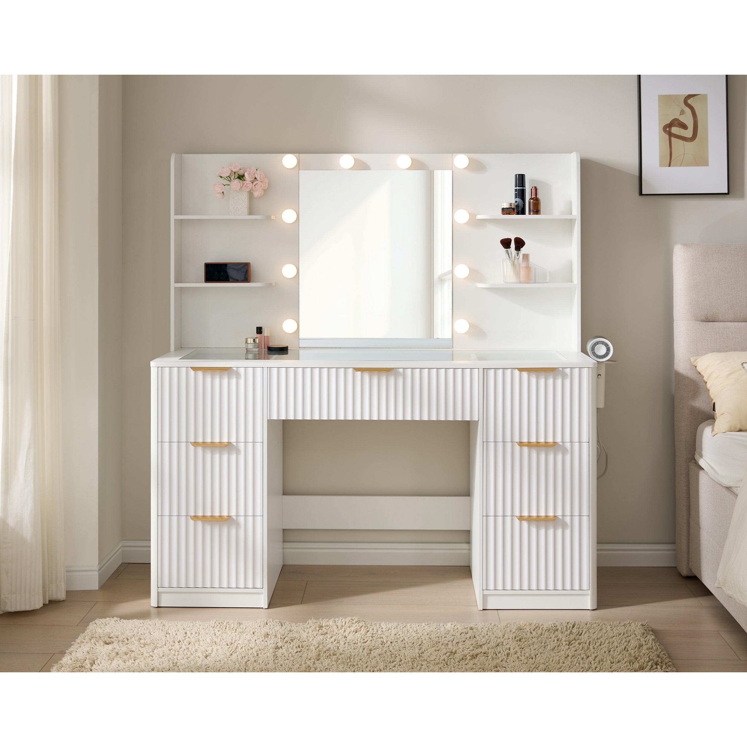 Fluted Vanity Desk with Mirror and Adjustable LED Lights, Large Drawers Makeup Table with Glass Top and Charging Station
