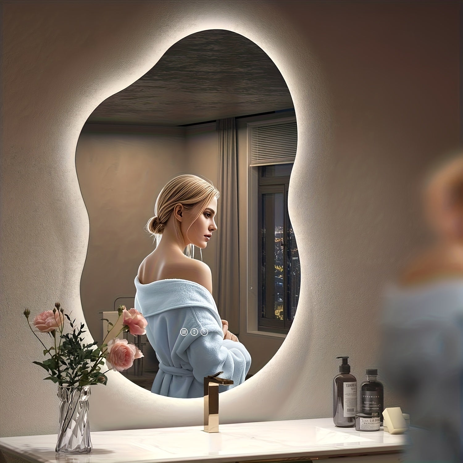 Irregular Backlit Bathroom Mirror With Lights 40 X 24, Asymmetrical Cloud Led Lighted Vanity Mirror For Wall, Dimmable, Memory Function (Horizontal\u002FVertical)